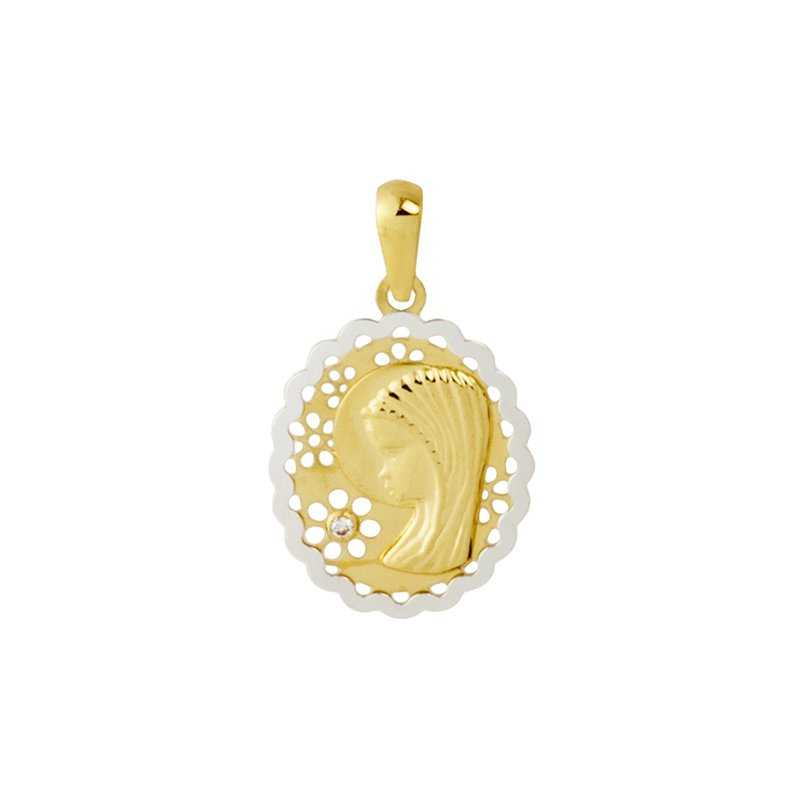 Medalla Virgen Niña Oro 9k Bicolor Calada Circonita