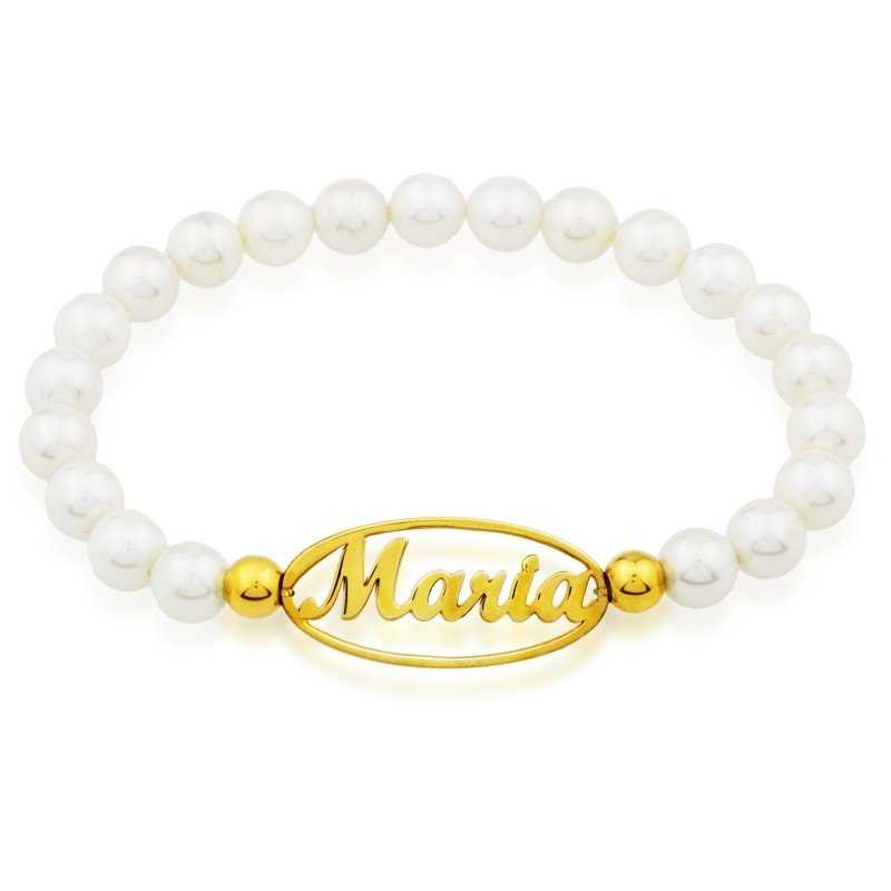 Pulsera Perlas Con Nombre Personalizado Oro