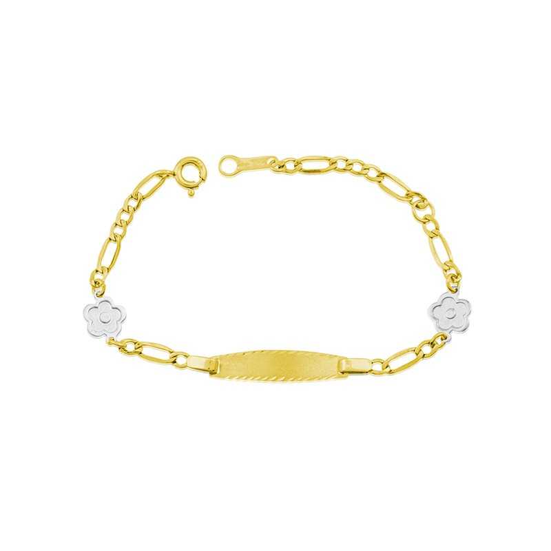 Pulsera Infantil Oro 9k Chapa 3x1 Flores Blancas