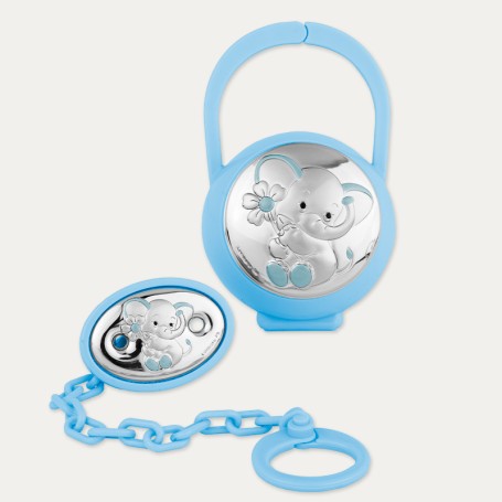 Chupetero + Portachupetes Plata Elefante Azul Nice