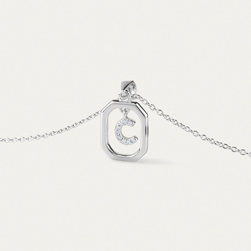 Collar Plata Inicial Octogonal Zoom