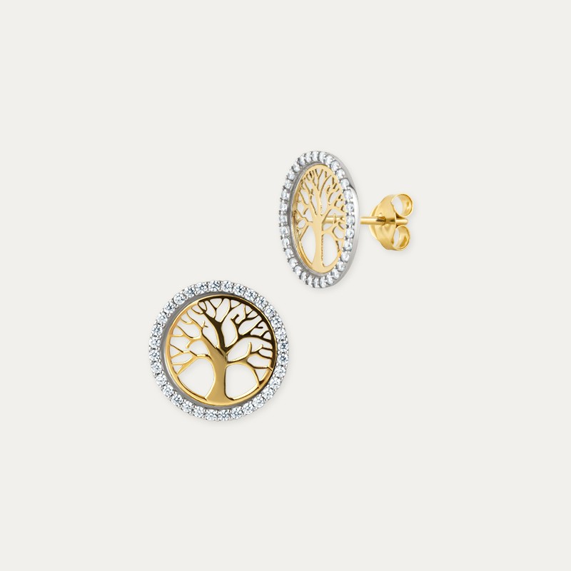 Pendientes Oro Bicolor Árbol Circonitas
