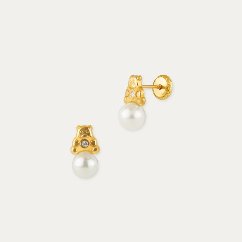Pendientes Oro Oso Perla Circonita Paros