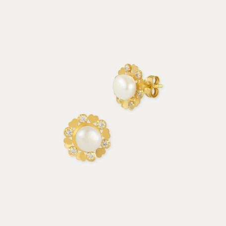 Pendientes Oro Perla Y Circonitas Little