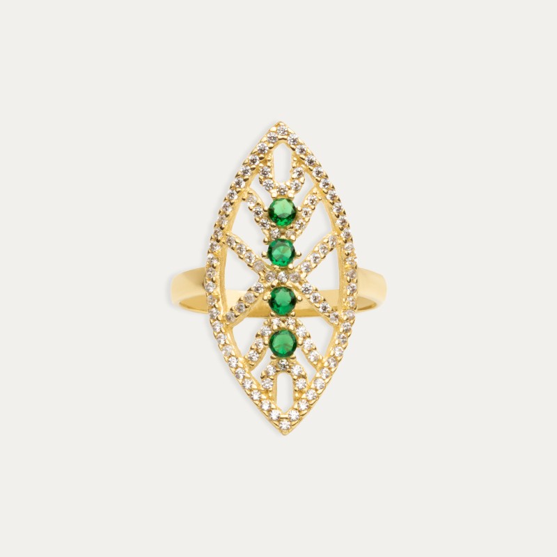 Anillo Oro Lanzadera Piedras Color Esmeralda Astraea