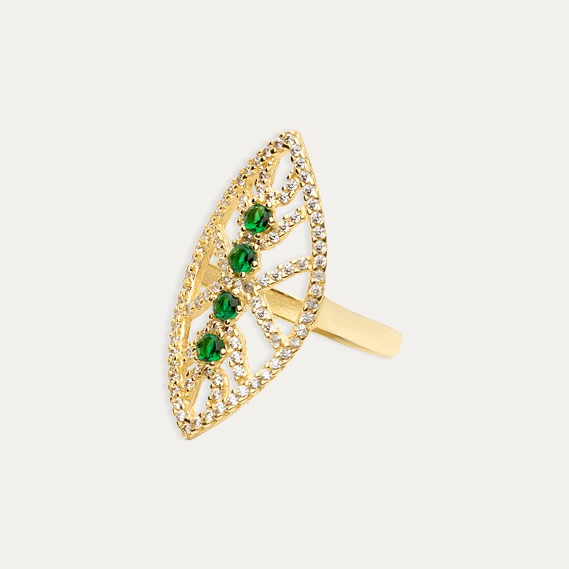 Anillo Oro Lanzadera Piedras Color Esmeralda Astraea