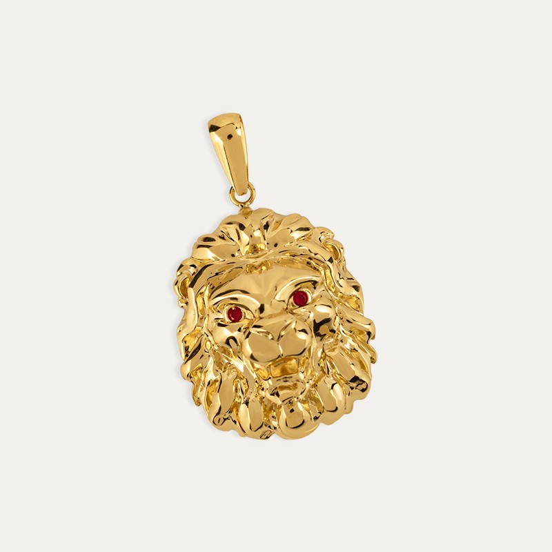 Colgante Oro Cabeza León Ojos Rubí Sintético