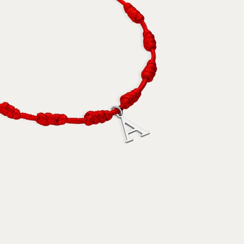 Pulsera Plata Inicial Personalizada Siete Nudos Roja Zoom
