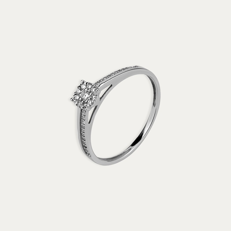 Anillo Oro 9k Blanco Brillantes Flor Lustra