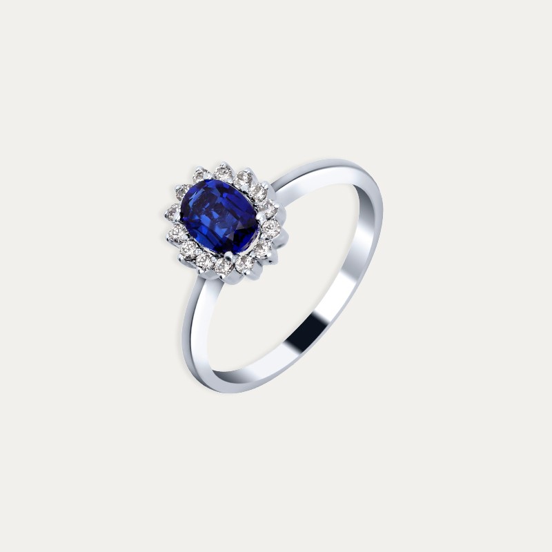Anillo Oro 9k Blanco Brillantes Y Zafiro Lustra