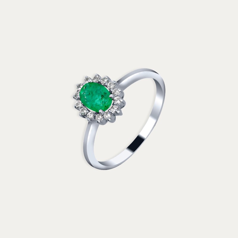 Anillo Oro Blanco Brillantes Y Esmeralda Lustra