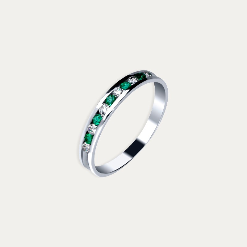 Anillo Oro Blanco Brillantes Y Esmeralda Carril Lustra