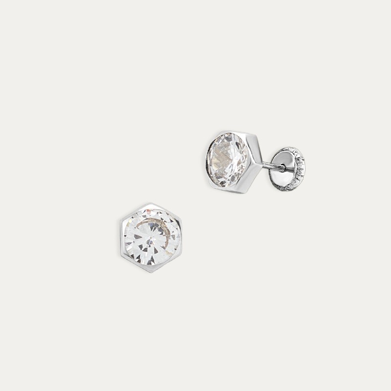 Pendientes Oro 9k Blanco Circonita Hexagonal Belize