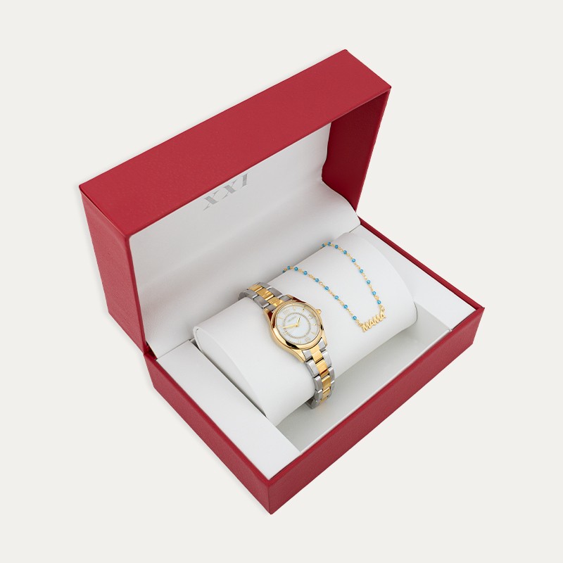 Reloj Acero Mujer Bicolor Más Regalo Gargantilla Mamá