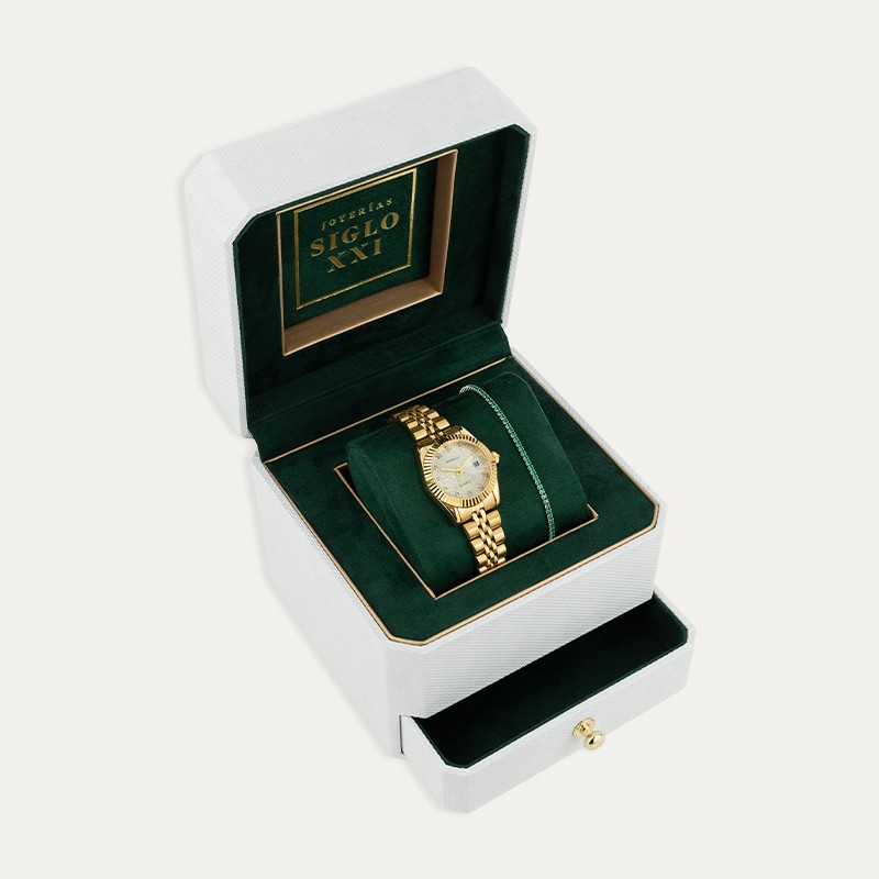 Reloj Acero Mujer Dorado Más Pulsera Riviere Verde
