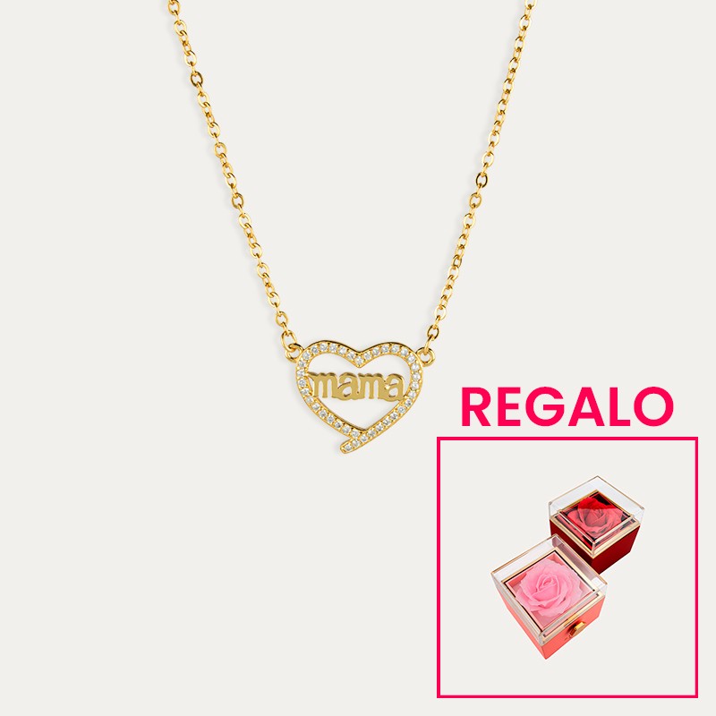 Collar Plata Dorada Corazón Mamá Regalo Caja Rosa