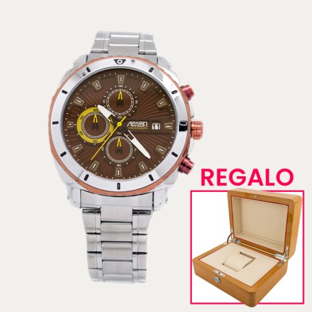 Reloj Aviador Caballero Acero Marrón Más Caja Regalo