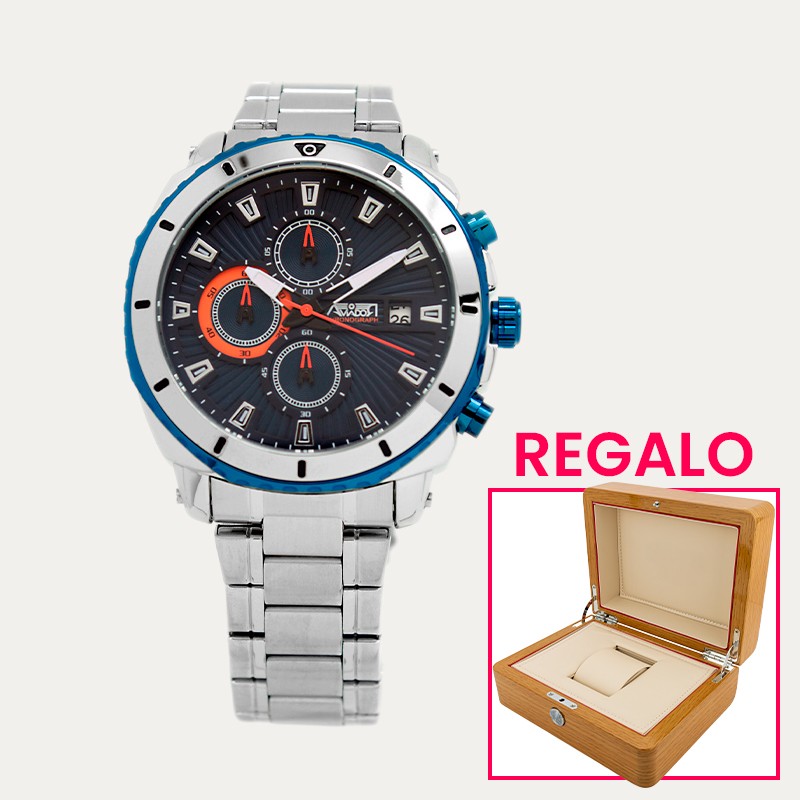 Reloj Aviador Caballero Acero Azul Más Caja Regalo