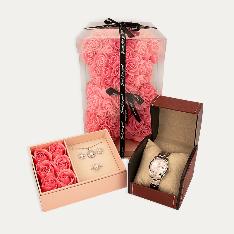 Pack Joyas Plata Reloj Rosa Oso Flores