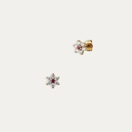 Pendientes Oro 9k Piedra Color Rubí Flor Circonitas