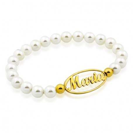 Pulsera Perlas Personalizada Nombre en Plata Dorada