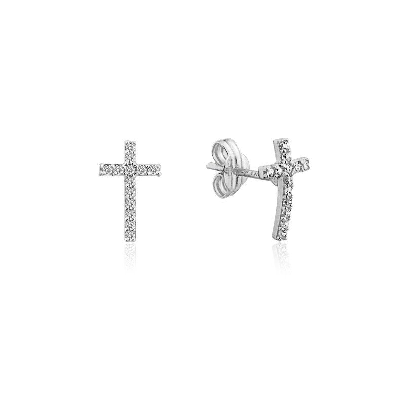 Pendientes Cruz Circonita Oro Blanco 18K